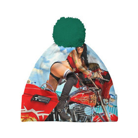 Шапка 3D c помпоном с принтом Девушка на мотоцикле в Тюмени, 100% полиэстер | универсальный размер, печать по всей поверхности изделия | Тематика изображения на принте: байкер