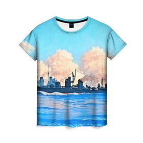 Женская футболка 3D с принтом Корабль в Тюмени, 100% полиэфир ( синтетическое хлопкоподобное полотно) | прямой крой, круглый вырез горловины, длина до линии бедер | 3d | blue | брызги | вмф | вода | военный | волны | исторический | капли | корабль | лето | море | моряк | океан | природа | фрегат | шторм