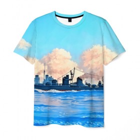Мужская футболка 3D с принтом Корабль в Тюмени, 100% полиэфир | прямой крой, круглый вырез горловины, длина до линии бедер | 3d | blue | брызги | вмф | вода | военный | волны | исторический | капли | корабль | лето | море | моряк | океан | природа | фрегат | шторм