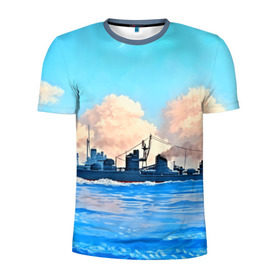 Мужская футболка 3D спортивная с принтом Корабль в Тюмени, 100% полиэстер с улучшенными характеристиками | приталенный силуэт, круглая горловина, широкие плечи, сужается к линии бедра | Тематика изображения на принте: 3d | blue | брызги | вмф | вода | военный | волны | исторический | капли | корабль | лето | море | моряк | океан | природа | фрегат | шторм