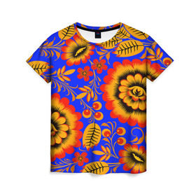Женская футболка 3D с принтом Хохломской узор в Тюмени, 100% полиэфир ( синтетическое хлопкоподобное полотно) | прямой крой, круглый вырез горловины, длина до линии бедер | 3d | арт | другие | листья | прикольные | узоры | хохлома | цветные | цветы | яркие