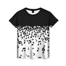 Женская футболка 3D с принтом Поглощение музыкой в Тюмени, 100% полиэфир ( синтетическое хлопкоподобное полотно) | прямой крой, круглый вырез горловины, длина до линии бедер | абстракция | арт | дизайн | музыка | ноты | ритм