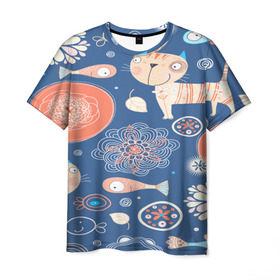 Мужская футболка 3D с принтом Котики и рыбка в Тюмени, 100% полиэфир | прямой крой, круглый вырез горловины, длина до линии бедер | 3d | арт | другие | животные | коты | кошки | прикольные | рыба | текстуры | цветы | яркие