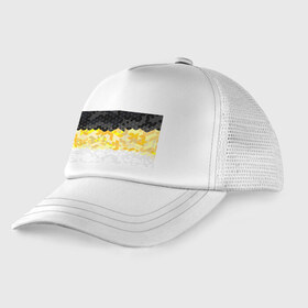 Детская кепка тракер с принтом Имперский флаг России 1858 в Тюмени, Козырек - 100% хлопок. Кепка - 100% полиэстер, Задняя часть - сетка | универсальный размер, пластиковая застёжка | белый | гербовый флаг российской империи | желтый | золотой | имперский флаг | российская империя | флаг россии | черный | черный желтый белый | я русский