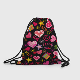 Рюкзак-мешок 3D с принтом Love в Тюмени, 100% полиэстер | плотность ткани — 200 г/м2, размер — 35 х 45 см; лямки — толстые шнурки, застежка на шнуровке, без карманов и подкладки | kiss | love | звезды | любовь | подарок | поцелуй | сердце | цветы