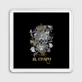 Магнит 55*55 с принтом El Chapo в Тюмени, Пластик | Размер: 65*65 мм; Размер печати: 55*55 мм | el chapo | глаза | скелет | тату | цветы | череп
