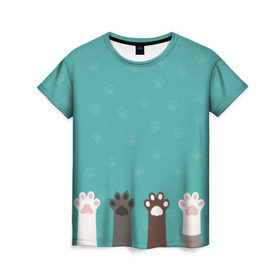 Женская футболка 3D с принтом Лапки котеек в Тюмени, 100% полиэфир ( синтетическое хлопкоподобное полотно) | прямой крой, круглый вырез горловины, длина до линии бедер | cat | cat palm | кот | котейки | котики | котофеи | коты | кошак | кошаки | милости | милота | няшки