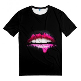 Мужская футболка 3D с принтом Губы в Тюмени, 100% полиэфир | прямой крой, круглый вырез горловины, длина до линии бедер | lips | teeth | губы | зубы | краска | помада