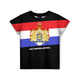 Детская футболка 3D с принтом Флаг и герб Нидерланды в Тюмени, 100% гипоаллергенный полиэфир | прямой крой, круглый вырез горловины, длина до линии бедер, чуть спущенное плечо, ткань немного тянется | Тематика изображения на принте: амстердам | голландия | европа