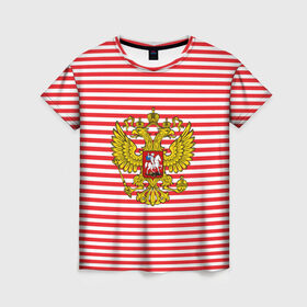 Женская футболка 3D с принтом Тельняшка ВВ и герб РФ в Тюмени, 100% полиэфир ( синтетическое хлопкоподобное полотно) | прямой крой, круглый вырез горловины, длина до линии бедер | Тематика изображения на принте: красный | полосатый