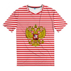 Мужская футболка 3D с принтом Тельняшка ВВ и герб РФ в Тюмени, 100% полиэфир | прямой крой, круглый вырез горловины, длина до линии бедер | красный | полосатый