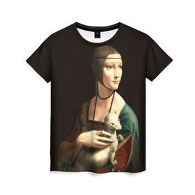 Женская футболка 3D с принтом Дама с горностаем в Тюмени, 100% полиэфир ( синтетическое хлопкоподобное полотно) | прямой крой, круглый вырез горловины, длина до линии бедер | возрождение | горностаем | горностай | да винчи | дама | искусство | ласка | леонардо | о.м.с.к. | портрет