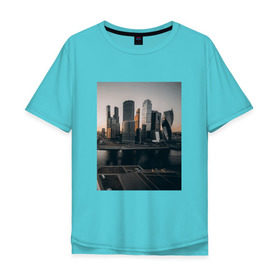 Мужская футболка хлопок Oversize с принтом Москва Сити в Тюмени, 100% хлопок | свободный крой, круглый ворот, “спинка” длиннее передней части | выставочная | деловой центр | москва | москва река | москва сити | столица