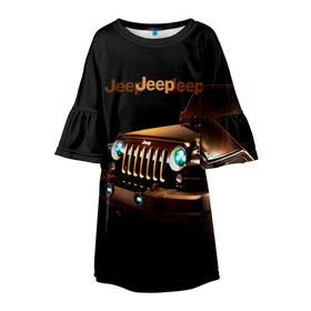 Детское платье 3D с принтом Jeep в Тюмени, 100% полиэстер | прямой силуэт, чуть расширенный к низу. Круглая горловина, на рукавах — воланы | Тематика изображения на принте: brand | car | chrysler | jeep | logo | usa | автомобиль | джип | крайслер | логотип | марка | сша