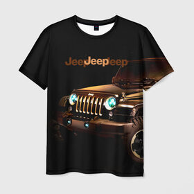 Мужская футболка 3D с принтом Jeep в Тюмени, 100% полиэфир | прямой крой, круглый вырез горловины, длина до линии бедер | brand | car | chrysler | jeep | logo | usa | автомобиль | джип | крайслер | логотип | марка | сша