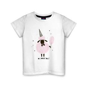 Детская футболка хлопок с принтом овца в Тюмени, 100% хлопок | круглый вырез горловины, полуприлегающий силуэт, длина до линии бедер | Тематика изображения на принте: my sweet day | барашек | сахарная вата | сладкая вата | хорошего дня