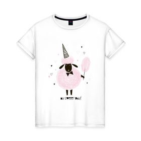 Женская футболка хлопок с принтом овца в Тюмени, 100% хлопок | прямой крой, круглый вырез горловины, длина до линии бедер, слегка спущенное плечо | my sweet day | барашек | сахарная вата | сладкая вата | хорошего дня
