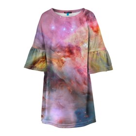 Детское платье 3D с принтом Светящаяся туманность в Тюмени, 100% полиэстер | прямой силуэт, чуть расширенный к низу. Круглая горловина, на рукавах — воланы | Тематика изображения на принте: m 42 | вселенная | галактика | звезды | космос | свет | туманность ориона | цвет