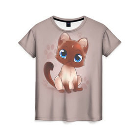 Женская футболка 3D с принтом Киска в Тюмени, 100% полиэфир ( синтетическое хлопкоподобное полотно) | прямой крой, круглый вырез горловины, длина до линии бедер | взгляд | глаза | киска | кот | котёнок | кошка | лапа | след | хвост