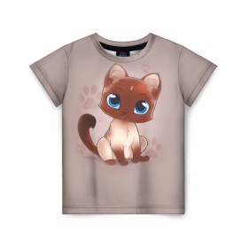 Детская футболка 3D с принтом Киска в Тюмени, 100% гипоаллергенный полиэфир | прямой крой, круглый вырез горловины, длина до линии бедер, чуть спущенное плечо, ткань немного тянется | взгляд | глаза | киска | кот | котёнок | кошка | лапа | след | хвост