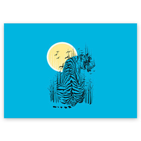 Поздравительная открытка с принтом тигр в Тюмени, 100% бумага | плотность бумаги 280 г/м2, матовая, на обратной стороне линовка и место для марки
 | Тематика изображения на принте: арт | бамбук | восток | графика | живопись | китай | луна | небо | ночь | полосы | птицы | рисунок | творчество | хищник | япония