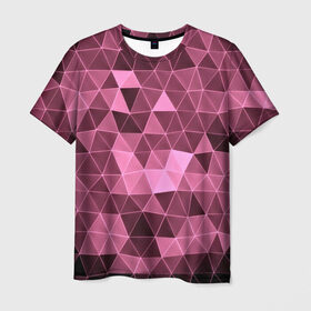 Мужская футболка 3D с принтом Розовые треугольники в Тюмени, 100% полиэфир | прямой крой, круглый вырез горловины, длина до линии бедер | Тематика изображения на принте: abstract | gray | lowpoly | polygon | triangle | абстракция | геометрия | полигоны | треугольники