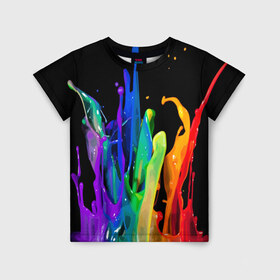 Детская футболка 3D с принтом Краски в Тюмени, 100% гипоаллергенный полиэфир | прямой крой, круглый вырез горловины, длина до линии бедер, чуть спущенное плечо, ткань немного тянется | Тематика изображения на принте: background | black | bright | paint | rainbow | spectrum | splash | spray | брызги | всплеск | краски | радуга | спектр | фон | черный | яркие