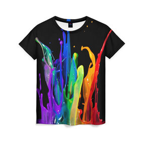 Женская футболка 3D с принтом Краски в Тюмени, 100% полиэфир ( синтетическое хлопкоподобное полотно) | прямой крой, круглый вырез горловины, длина до линии бедер | background | black | bright | paint | rainbow | spectrum | splash | spray | брызги | всплеск | краски | радуга | спектр | фон | черный | яркие