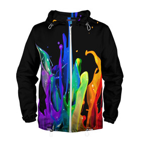 Мужская ветровка 3D с принтом Краски в Тюмени, 100% полиэстер | подол и капюшон оформлены резинкой с фиксаторами, два кармана без застежек по бокам, один потайной карман на груди | Тематика изображения на принте: background | black | bright | paint | rainbow | spectrum | splash | spray | брызги | всплеск | краски | радуга | спектр | фон | черный | яркие