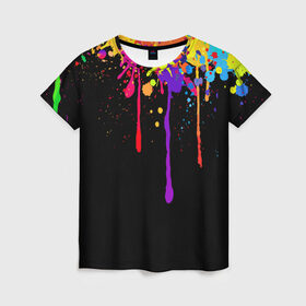 Женская футболка 3D с принтом Краски в Тюмени, 100% полиэфир ( синтетическое хлопкоподобное полотно) | прямой крой, круглый вырез горловины, длина до линии бедер | Тематика изображения на принте: брызги | капли | кляксы | краски | спектр | яркие