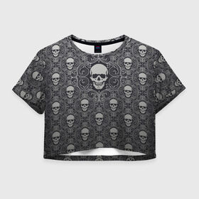 Женская футболка 3D укороченная с принтом Black Milk - Skulls - Черепа в Тюмени, 100% полиэстер | круглая горловина, длина футболки до линии талии, рукава с отворотами | black milk | metall | pattern | rock | skulls | патерн | узор | череп | черепа | черная