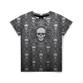 Детская футболка 3D с принтом Black Milk - Skulls - Черепа в Тюмени, 100% гипоаллергенный полиэфир | прямой крой, круглый вырез горловины, длина до линии бедер, чуть спущенное плечо, ткань немного тянется | black milk | metall | pattern | rock | skulls | патерн | узор | череп | черепа | черная