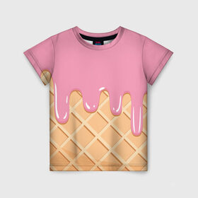 Детская футболка 3D с принтом Я Клубничный Рожок в Тюмени, 100% гипоаллергенный полиэфир | прямой крой, круглый вырез горловины, длина до линии бедер, чуть спущенное плечо, ткань немного тянется | ваниль | вафля | вкус | вкусно | вкусняшка | десерт | жара | капли | клубника | лед | лето | молоко | мороженка | мороженое | пломбир | принт | рожок | сладость | шоколад | эскимо