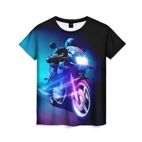 Женская футболка 3D с принтом Мотоциклист в Тюмени, 100% полиэфир ( синтетическое хлопкоподобное полотно) | прямой крой, круглый вырез горловины, длина до линии бедер | city | light | motocross | motorcycle | motorcyclist | night | silhouette | speed | город | мотокросс | мотоцикл | мотоциклист | ночь | свет | силуэт | скорость