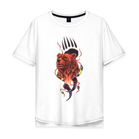 Мужская футболка хлопок Oversize с принтом Медведь Тотем в Тюмени, 100% хлопок | свободный крой, круглый ворот, “спинка” длиннее передней части | бусы | индейский | след | тотемное животное