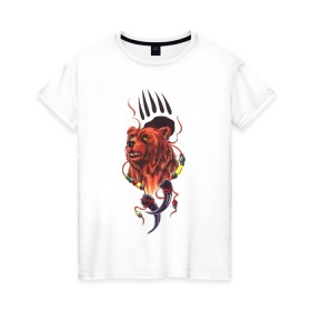 Женская футболка хлопок с принтом Медведь Тотем в Тюмени, 100% хлопок | прямой крой, круглый вырез горловины, длина до линии бедер, слегка спущенное плечо | бусы | индейский | след | тотемное животное