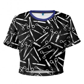 Женская футболка 3D укороченная с принтом Шприцы в Тюмени, 100% полиэстер | круглая горловина, длина футболки до линии талии, рукава с отворотами | doctor | врач | доктор | инструмент | медик | медицина | скальпель