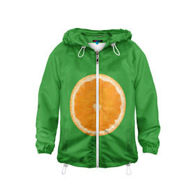 Детская ветровка 3D с принтом Низкополигональный апельсин в Тюмени, 100% полиэстер | подол и капюшон оформлены резинкой с фиксаторами, по бокам два кармана без застежек, один потайной карман на груди | lowpoly | polygonal | апельсин | зеленый | оранджевый | полигон | полигональный | полигоны | яркий