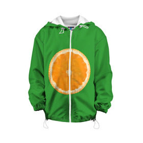 Детская куртка 3D с принтом Низкополигональный апельсин в Тюмени, 100% полиэстер | застежка — молния, подол и капюшон оформлены резинкой с фиксаторами, по бокам — два кармана без застежек, один потайной карман на груди, плотность верхнего слоя — 90 г/м2; плотность флисового подклада — 260 г/м2 | lowpoly | polygonal | апельсин | зеленый | оранджевый | полигон | полигональный | полигоны | яркий