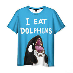 Мужская футболка 3D с принтом Я ем дельфинов в Тюмени, 100% полиэфир | прямой крой, круглый вырез горловины, длина до линии бедер | дельфины | касатка
