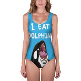 Купальник-боди 3D с принтом Я ем дельфинов в Тюмени, 82% полиэстер, 18% эластан | Круглая горловина, круглый вырез на спине | Тематика изображения на принте: дельфины | касатка