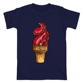 Мужская футболка хлопок с принтом Мороженко в Тюмени, 100% хлопок | прямой крой, круглый вырез горловины, длина до линии бедер, слегка спущенное плечо. | мороженое | осьминог | рожок | тентакли