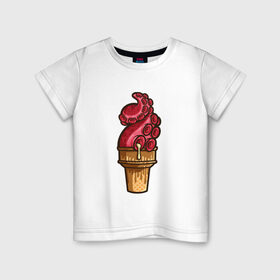 Детская футболка хлопок с принтом Мороженко в Тюмени, 100% хлопок | круглый вырез горловины, полуприлегающий силуэт, длина до линии бедер | мороженое | осьминог | рожок | тентакли