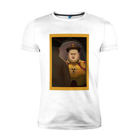 Мужская футболка премиум с принтом Счастливый Ким в Тюмени, 92% хлопок, 8% лайкра | приталенный силуэт, круглый вырез ворота, длина до линии бедра, короткий рукав | ким чен ын | северная корея