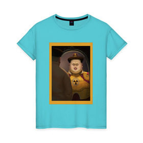 Женская футболка хлопок с принтом Счастливый Ким в Тюмени, 100% хлопок | прямой крой, круглый вырез горловины, длина до линии бедер, слегка спущенное плечо | Тематика изображения на принте: ким чен ын | северная корея