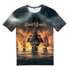 Мужская футболка 3D с принтом Skull and Bones в Тюмени, 100% полиэфир | прямой крой, круглый вырез горловины, длина до линии бедер | игра | корабль | кости | море | огонь | пират | пламя | череп