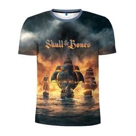 Мужская футболка 3D спортивная с принтом Skull and Bones в Тюмени, 100% полиэстер с улучшенными характеристиками | приталенный силуэт, круглая горловина, широкие плечи, сужается к линии бедра | игра | корабль | кости | море | огонь | пират | пламя | череп