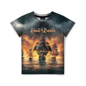 Детская футболка 3D с принтом Skull and Bones в Тюмени, 100% гипоаллергенный полиэфир | прямой крой, круглый вырез горловины, длина до линии бедер, чуть спущенное плечо, ткань немного тянется | Тематика изображения на принте: игра | корабль | кости | море | огонь | пират | пламя | череп