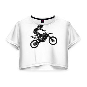 Женская футболка 3D укороченная с принтом Мотокросс в Тюмени, 100% полиэстер | круглая горловина, длина футболки до линии талии, рукава с отворотами | motocross | motorcycle | motorcyclist | silhouette | speed | stencil | мотокросс | мотоцикл | мотоциклист | силуэт | скорость | трафарет