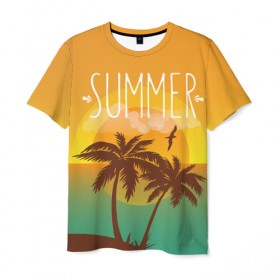 Мужская футболка 3D с принтом Летний пляж в Тюмени, 100% полиэфир | прямой крой, круглый вырез горловины, длина до линии бедер | summer | sun | лето | море | пальмы | пляж | солнце | чайка